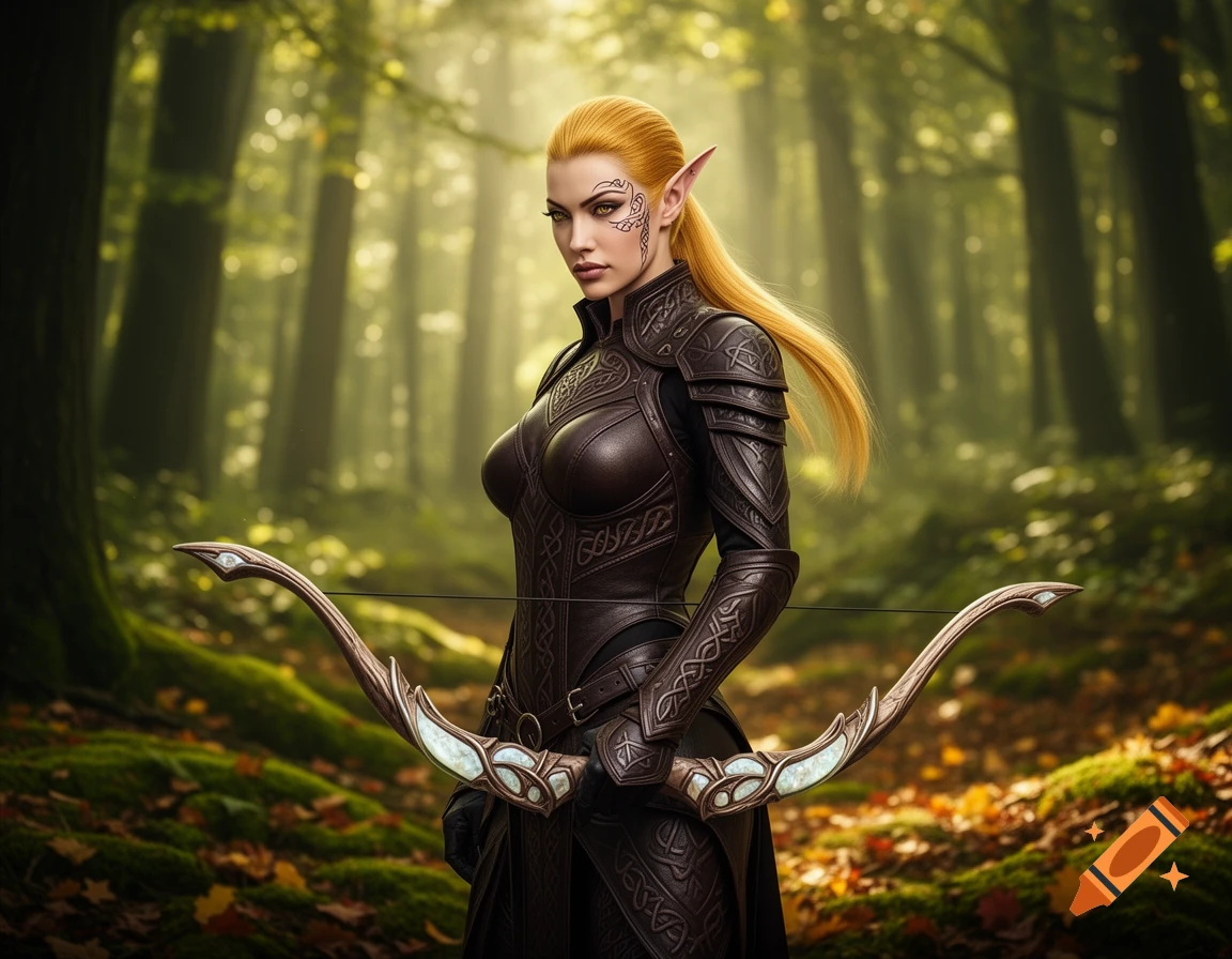 A female blood elf hunter with golden hair and pointed ears, wearing ornate leather armor and holding a bow in a mystical forest.