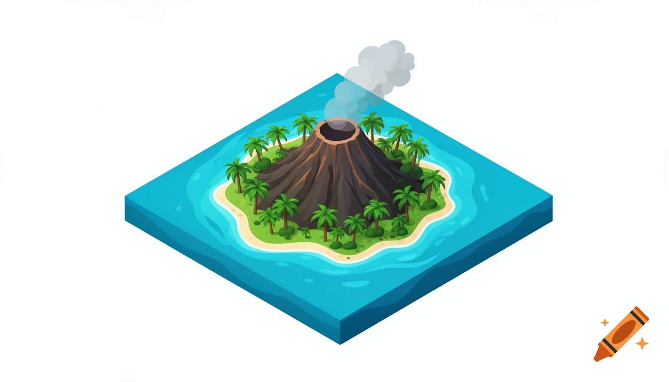 Isometric illustration of a tropical island with a smoking volcano and palm trees surrounded by blue water.