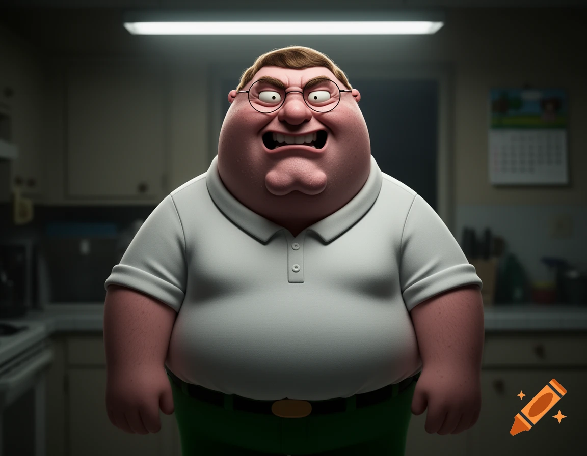 A hyper-realistic, 3D rendering of a terrified Peter Griffin with a wrinkled face and wide eyes, standing in a dim kitchen.