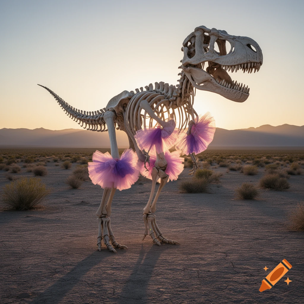 A photorealistic T-Rex skeleton wearing multiple pink and purple tutus stands in a vast desert landscape at sunset.