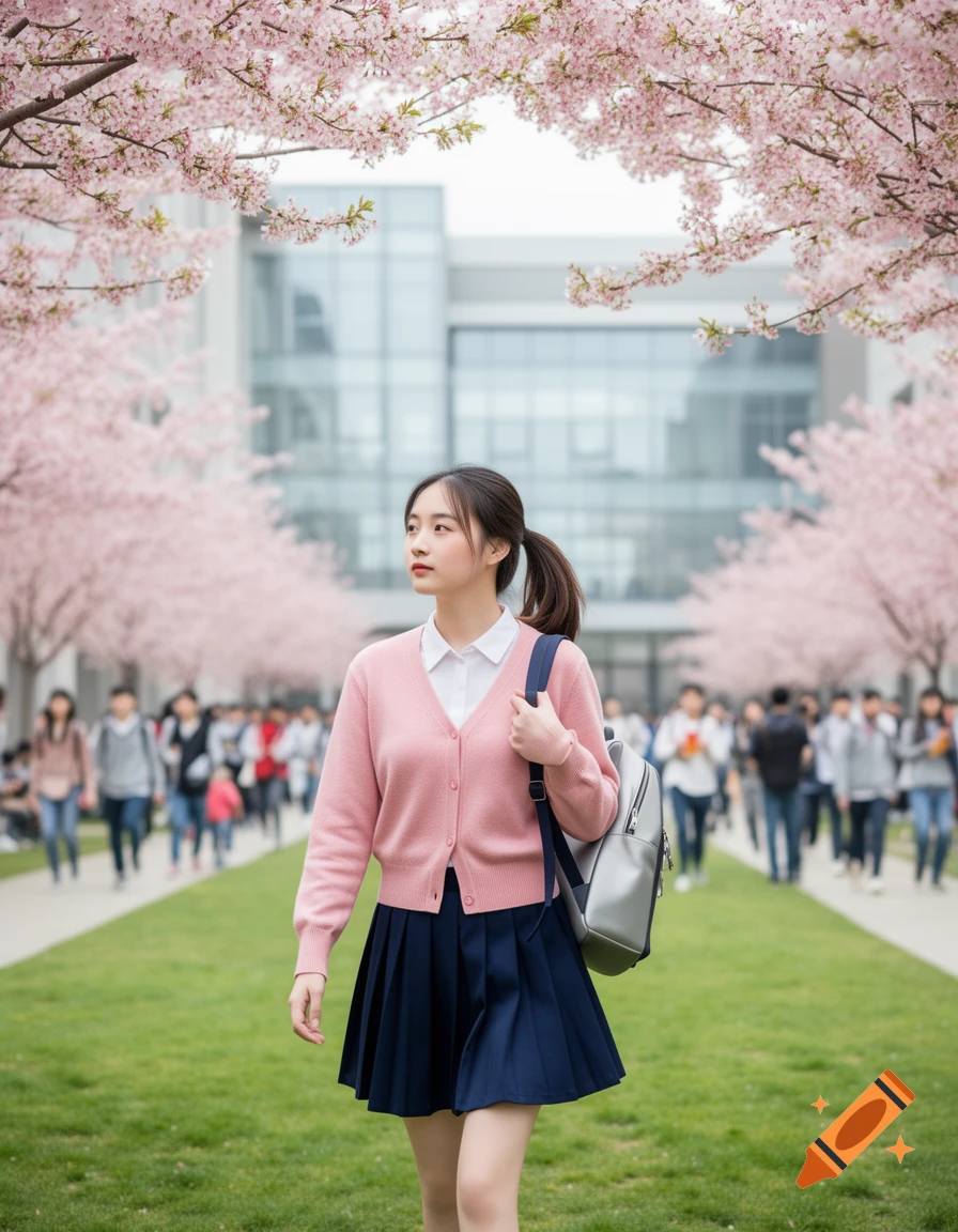 A young East Asian university student in a pink cardigan and navy skirt walks on a campus path lined with blooming cherry blossom trees.