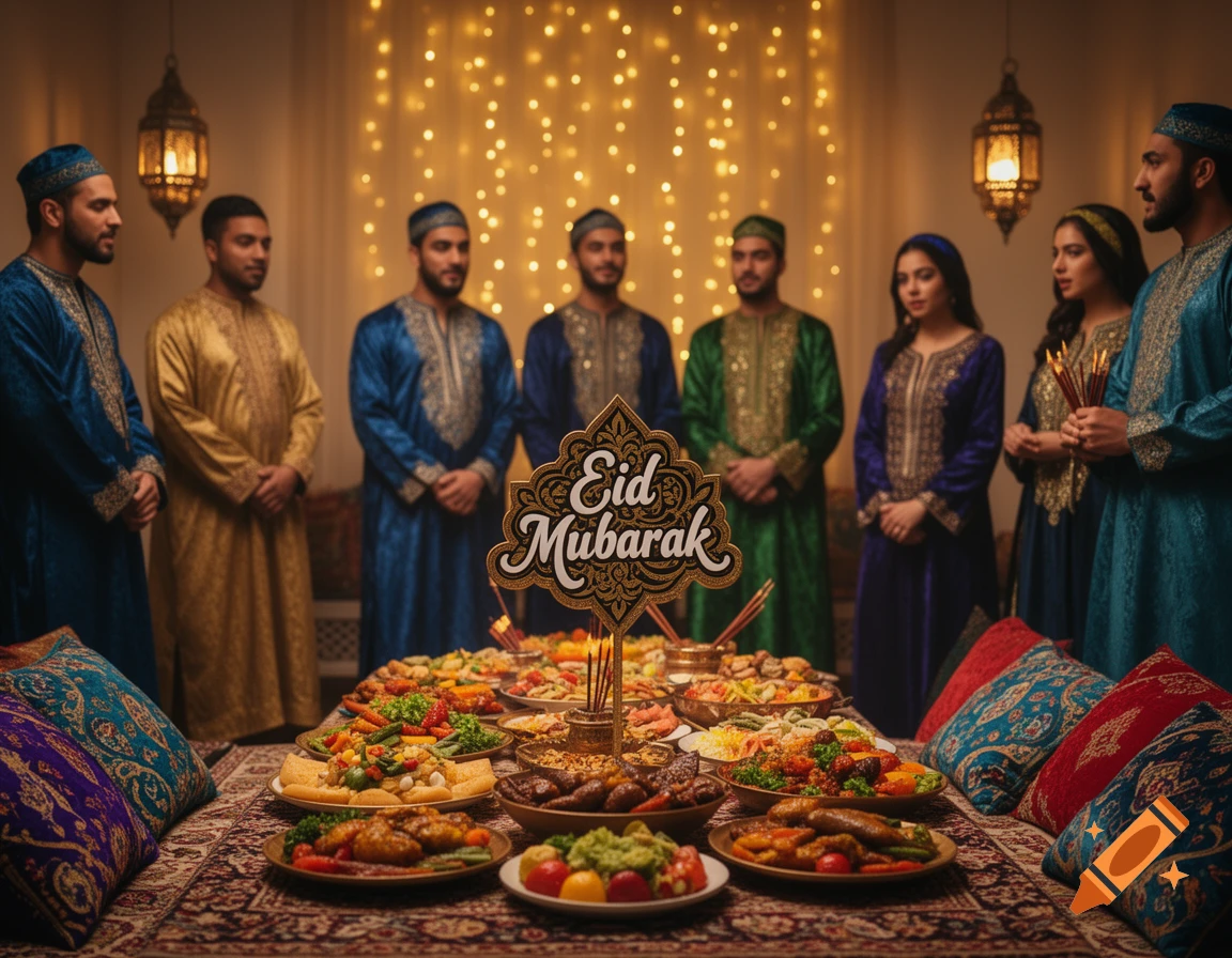Imagh Photorealistic image of people in traditional attire celebrating Eid ...