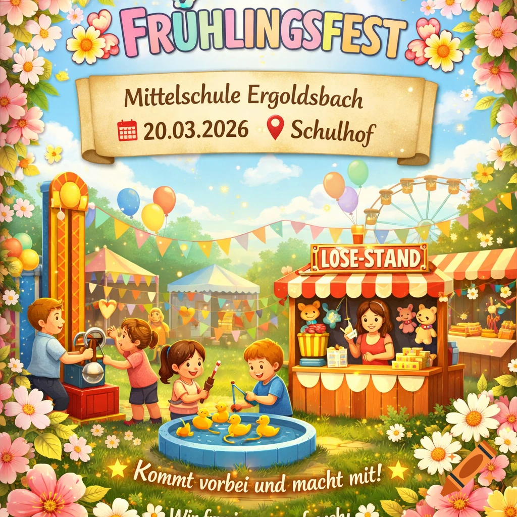 Colorful illustration of a spring festival with children playing games, a Ferris wheel in the background, and decorative flowers. Text on signs announces 'FRÜHLINGSFEST' and event details.