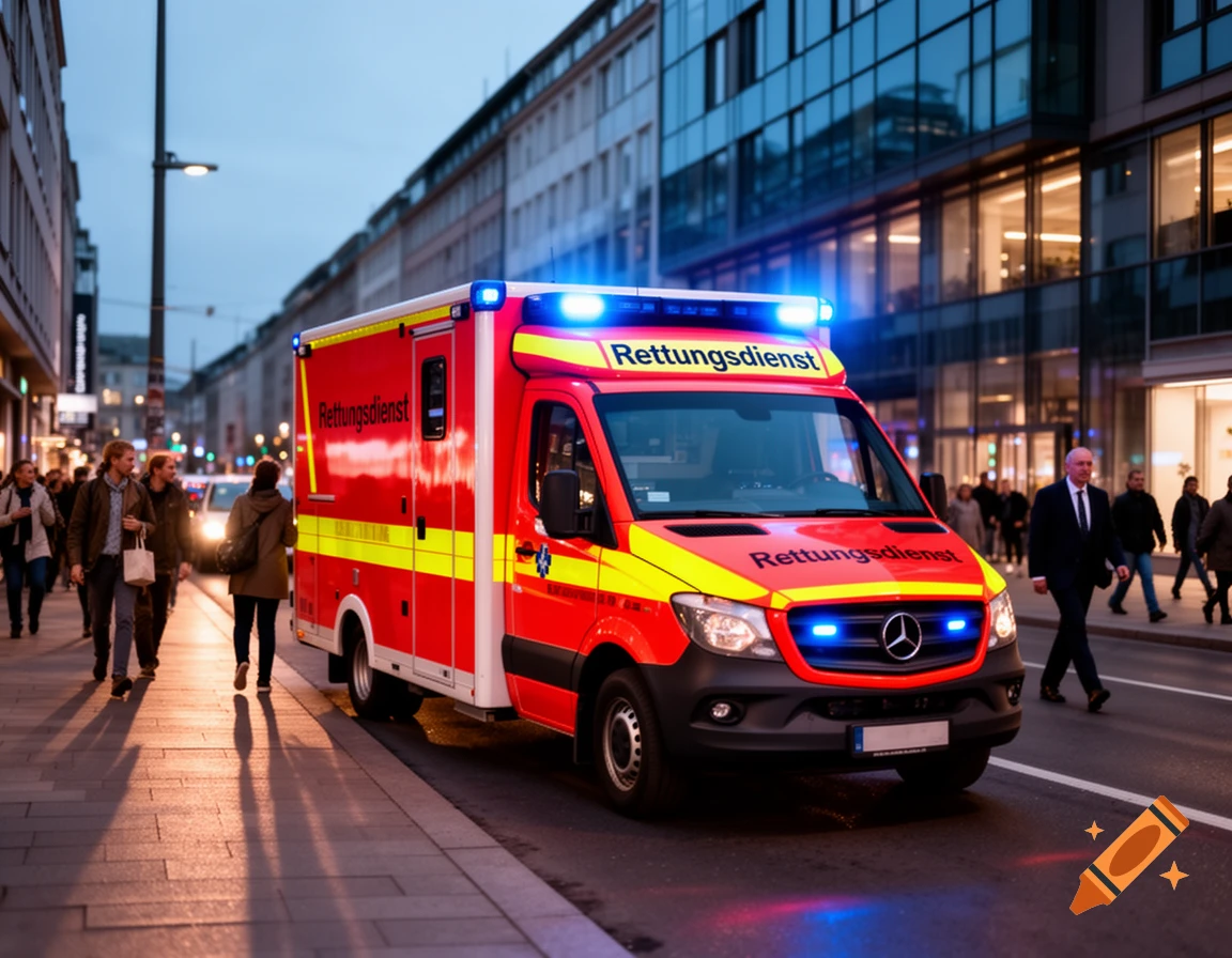 A red and yellow German ambulance with blue flashing lights on a busy city street at dusk. Photorealistic style.