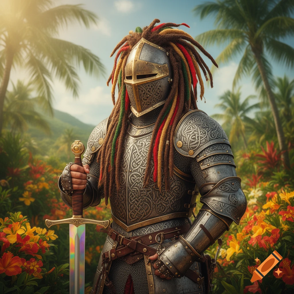 An armored knight with colorful dreadlocks holds a sword amidst a vibrant tropical garden with palm trees and flowers.