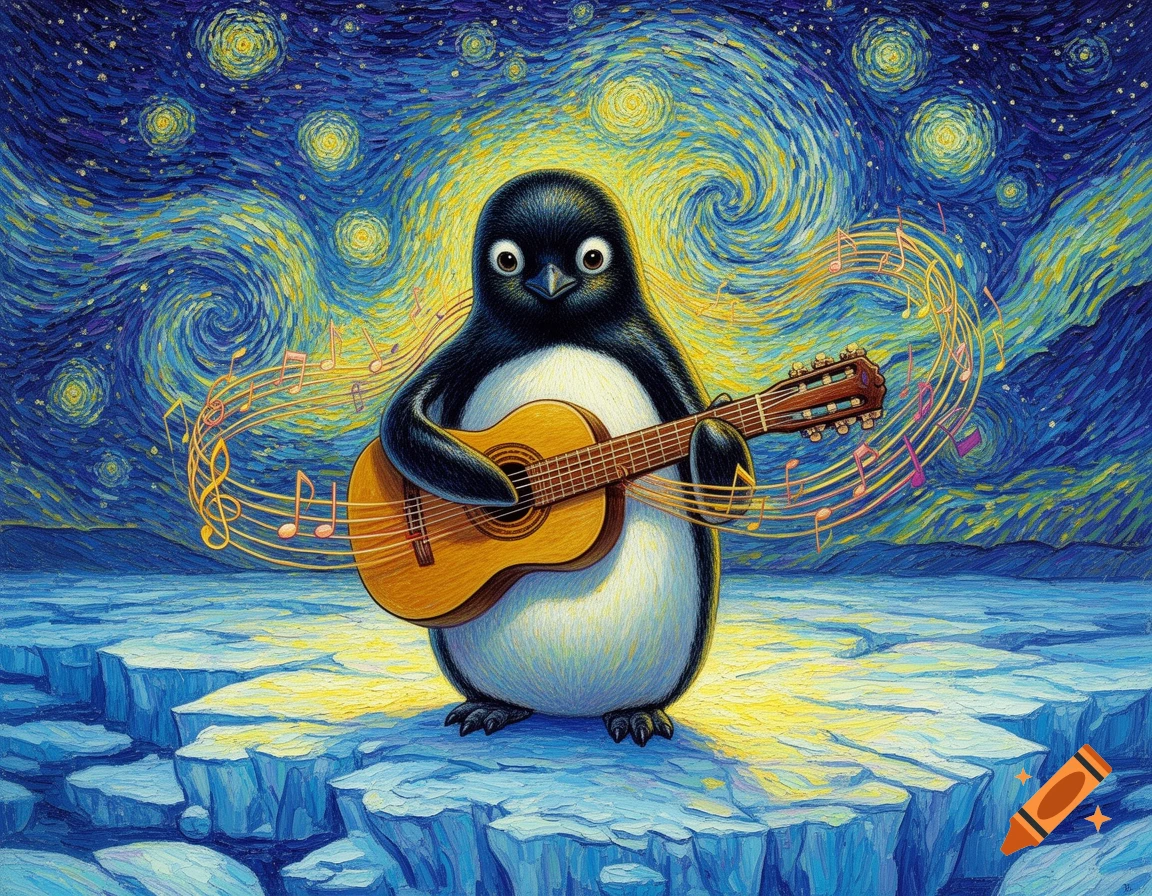 A cute penguin plays an acoustic guitar on icebergs under a swirling, starry sky in Van Gogh's style.