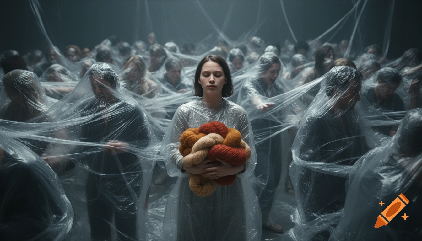 Calm person holds colorful wool yarn amidst a crowd tangled in clear plastic, cinematic photorealistic style.