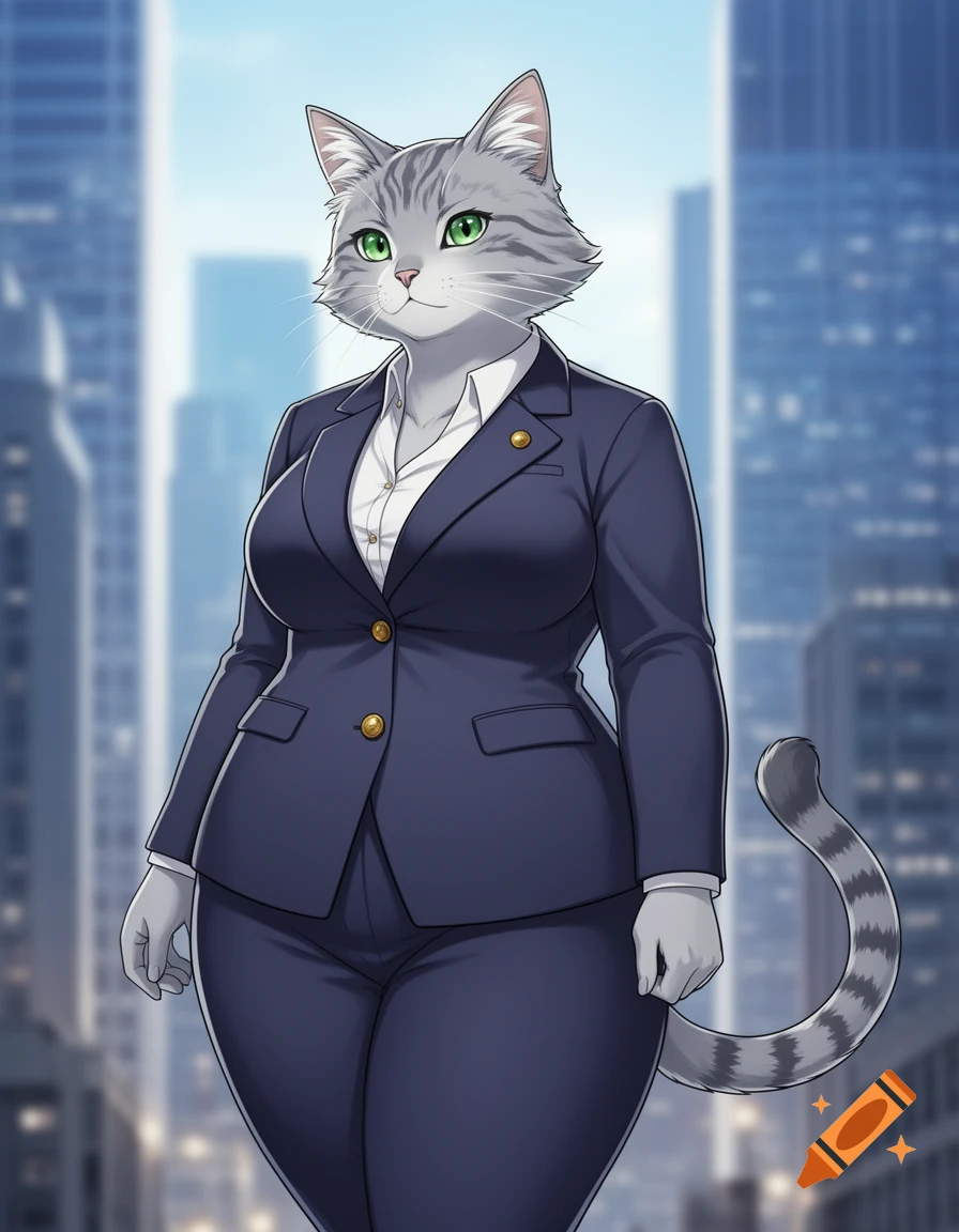 An anthropomorphic gray tabby cat in a dark blue business suit stands in a city, in an anime style.