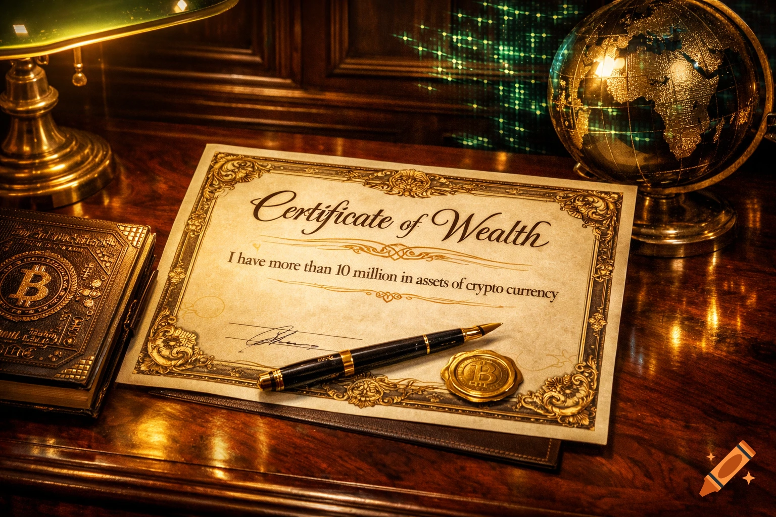 Photorealistic image of a 'Certificate of Wealth' for crypto currency on a desk with a pen, Bitcoin book, and globe.