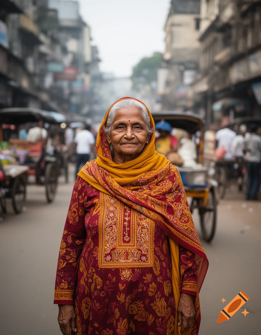 Photorealistic portrait of a smiling elderly Indian woman in traditional red and gold attire, standing on a busy street.