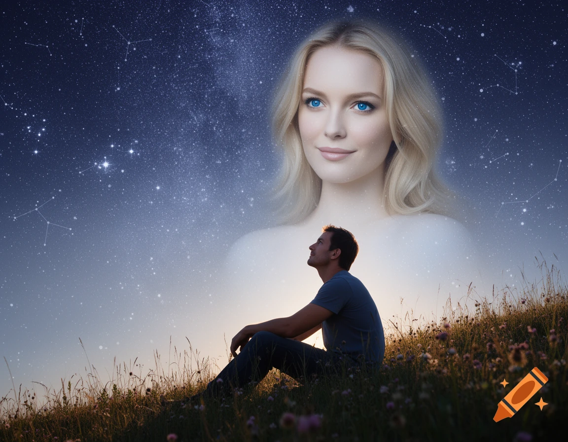 A man sits on a grassy hill, gazing at an ethereal blonde woman's bust in a starry night sky.