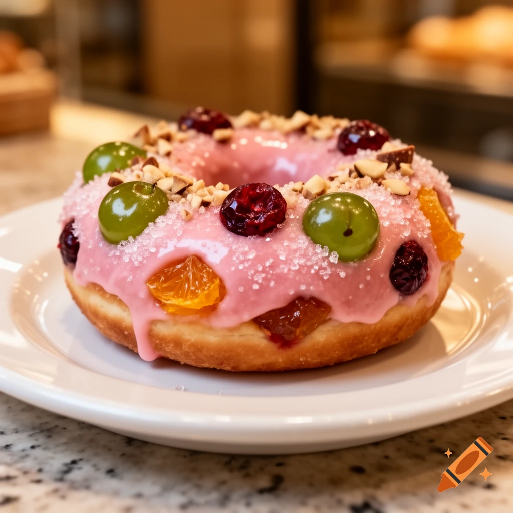 A pink-frosted donut topped with green grapes, cranberries, orange segments, and chopped nuts on a white plate.