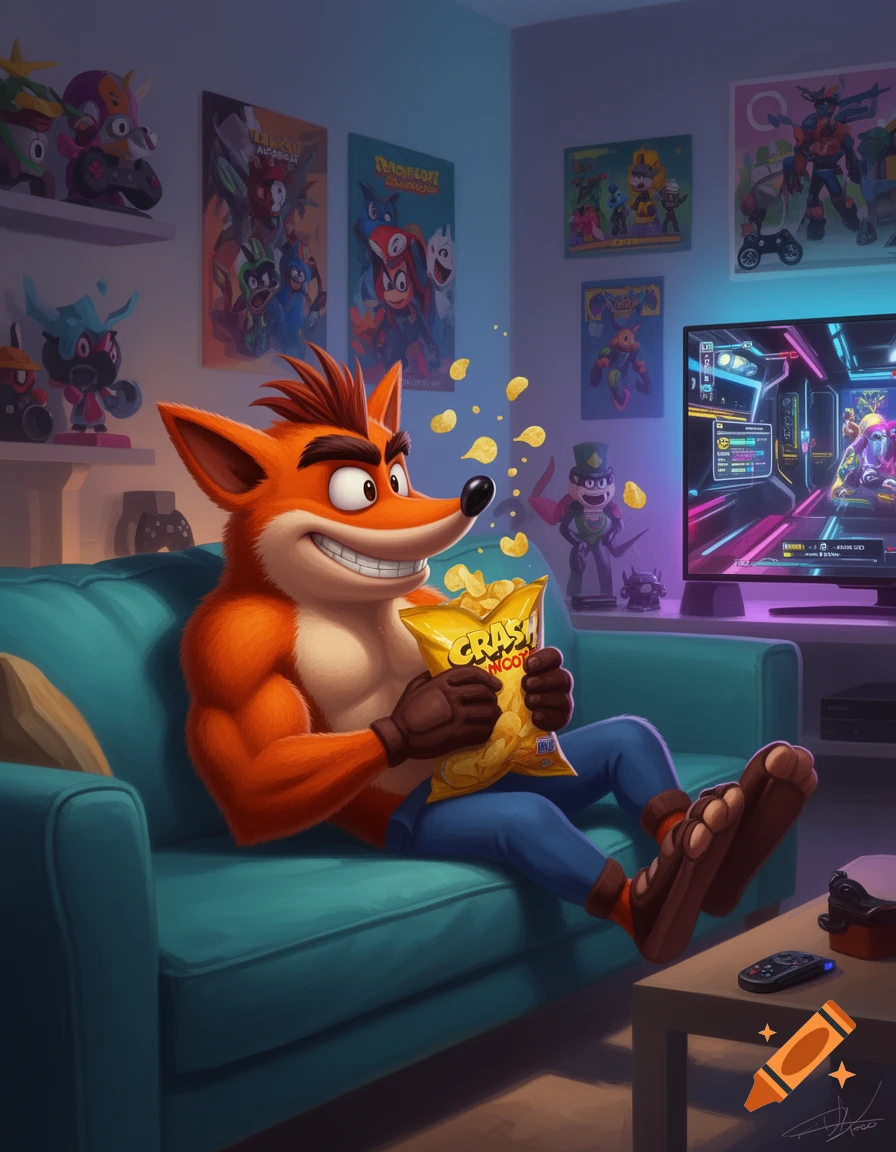 Buff Crash Bandicoot sits on a turquoise couch, happily eating chips in a living room filled with video game posters and merchandise.