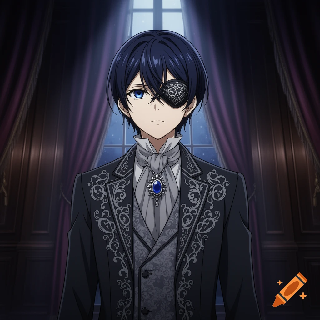 An anime boy with dark blue hair, an eyepatch, and a blue eye, wearing an ornate black suit with silver embroidery and a blue gemstone pendant.