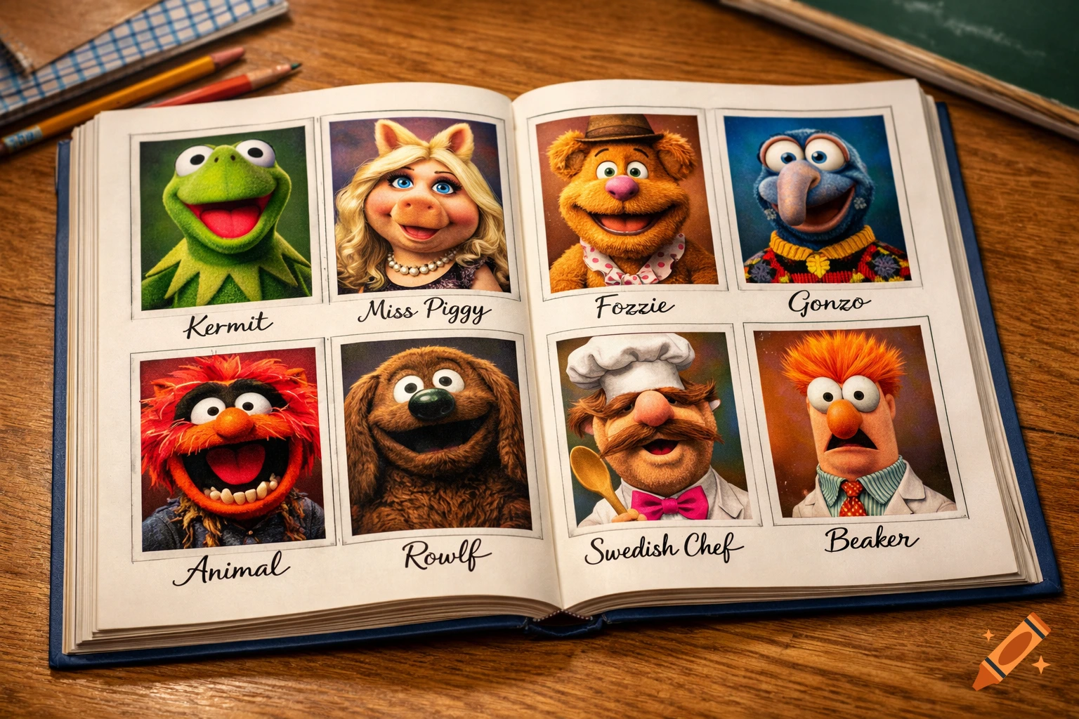 A school yearbook open to pages showing eight portrait photos of Muppets characters like Kermit, Miss Piggy, Fozzie, and Animal.