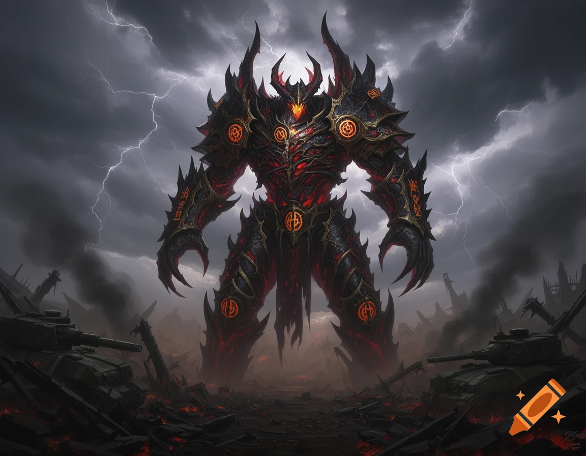 A gigantic, demonic figure in red and black armor stands over destroyed tanks under a stormy sky with lightning, in a fantasy art style.
