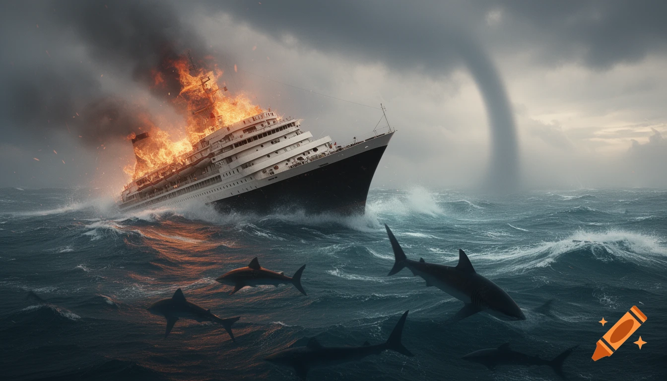 Photorealistic scene of a burning ship sinking in a stormy ocean, circled by sharks, under a dark sky with a waterspout.