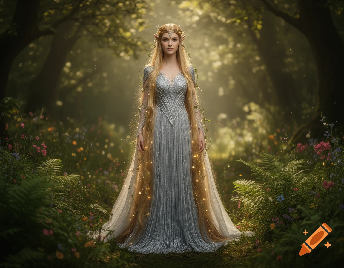 A beautiful elf woman with long blonde hair and a silver dress stands in a magical, sunlit forest with sparkling lights.
