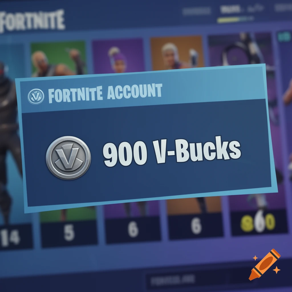 A close-up of a blue card displaying "FORTNITE ACCOUNT" and "900 V-Bucks" against a blurry Fortnite game screen.