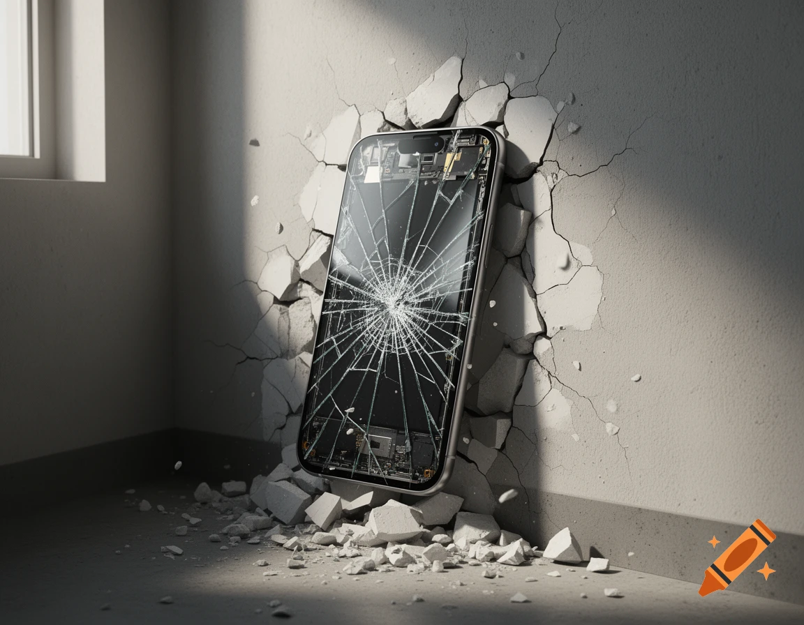 A photorealistic image of a shattered smartphone embedded in a cracked concrete wall, with debris on the floor.