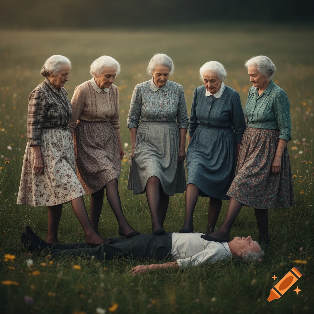 Five elderly women stand in a grassy field, each placing a foot on an elderly man lying on the ground, photorealistic.
