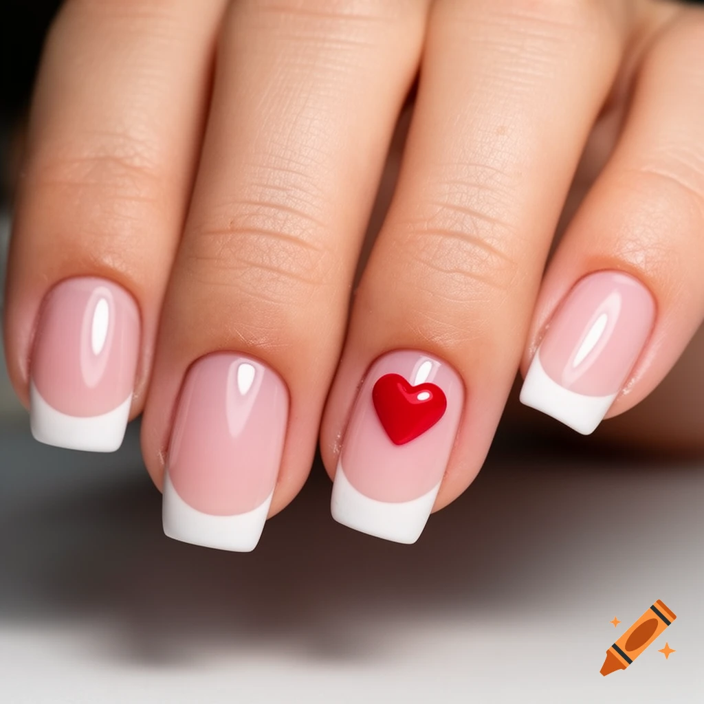 Close-up of a hand with French tip nails, one featuring a small red heart.