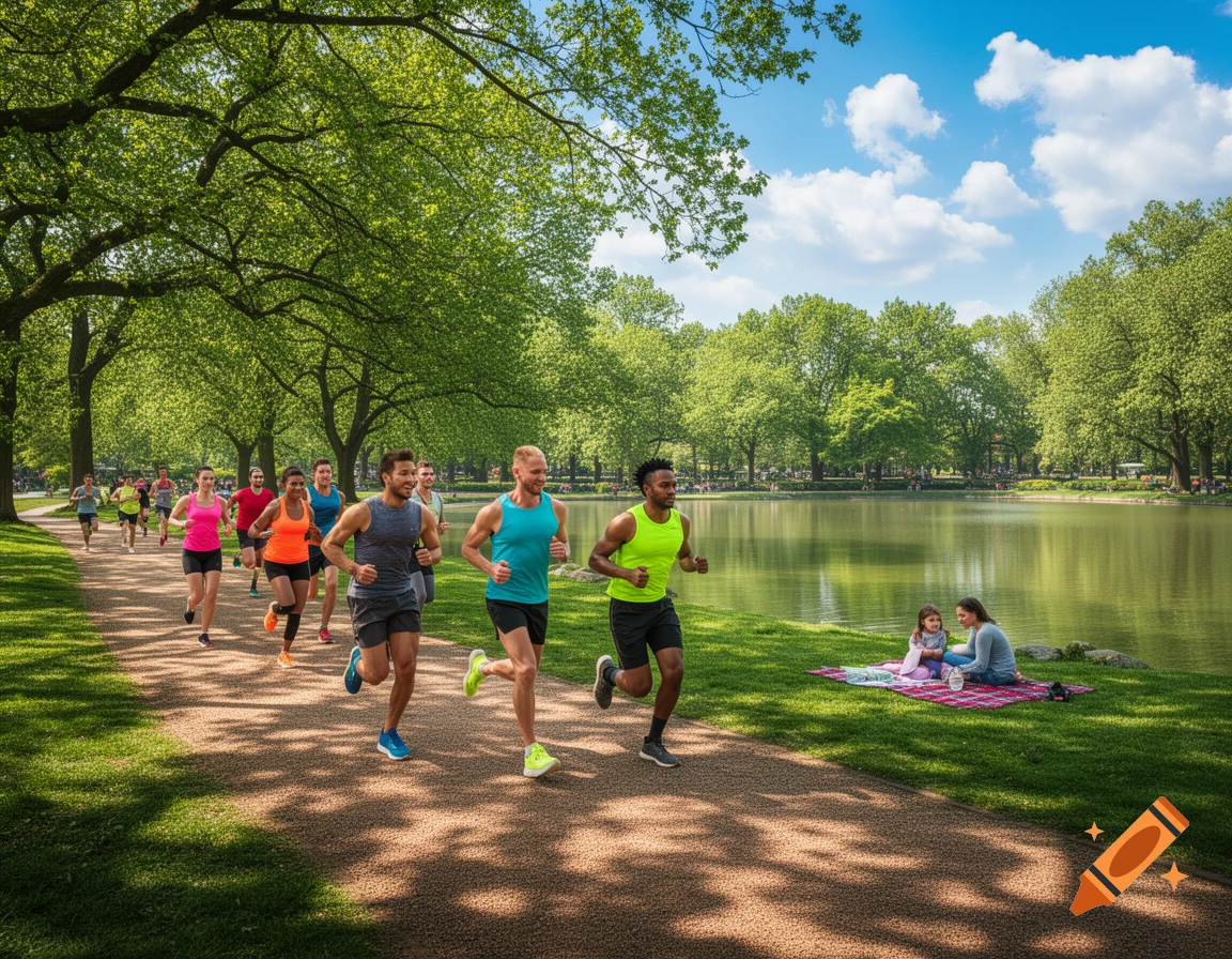 A group of people running on a path in a lush green park next to a lake, with two people picnicking on the grass.