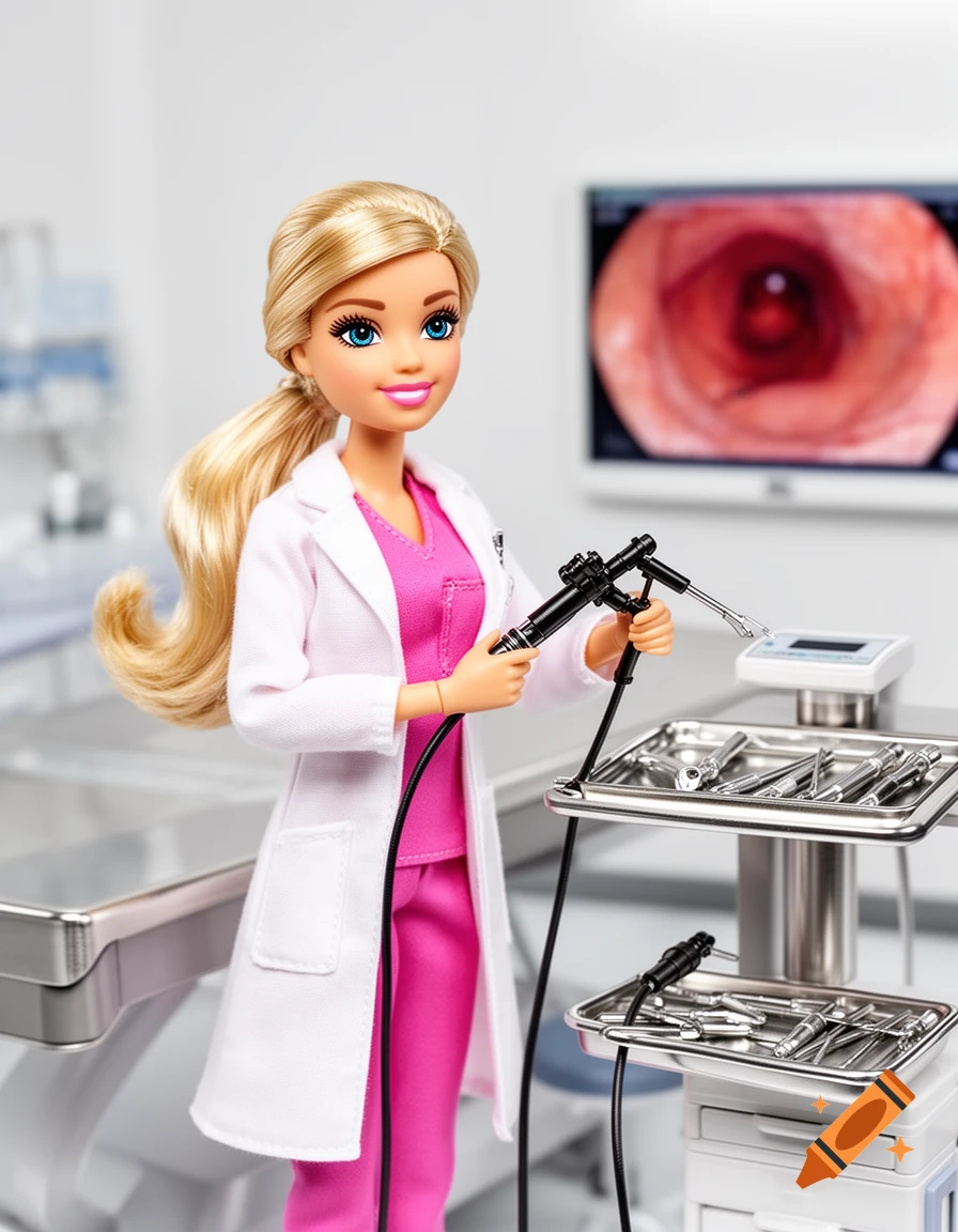 A Barbie doll dressed as an endoscopist in a medical lab, holding an endoscope, with a monitor showing an internal body view in the background.