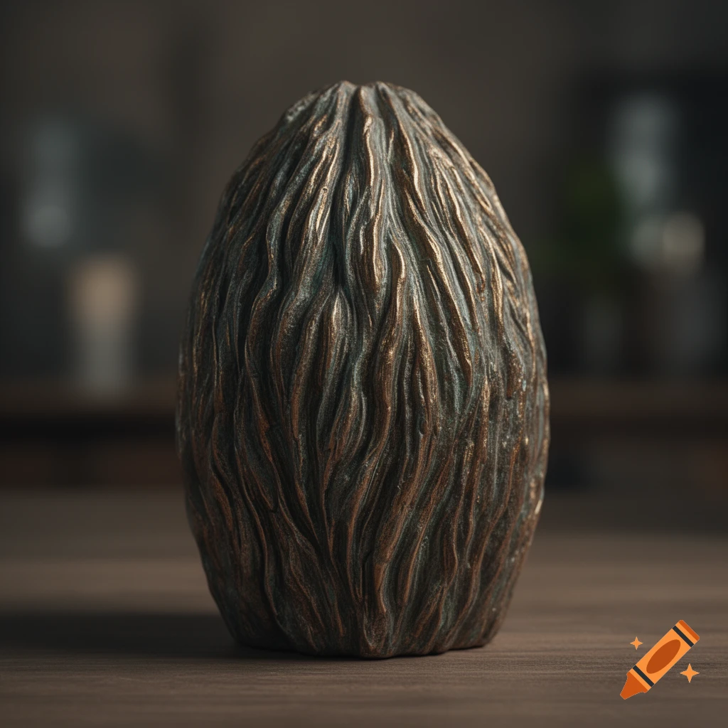 A photorealistic, oval-shaped object with a wavy, textured surface in bronze and teal hues, standing on a dark wooden table.