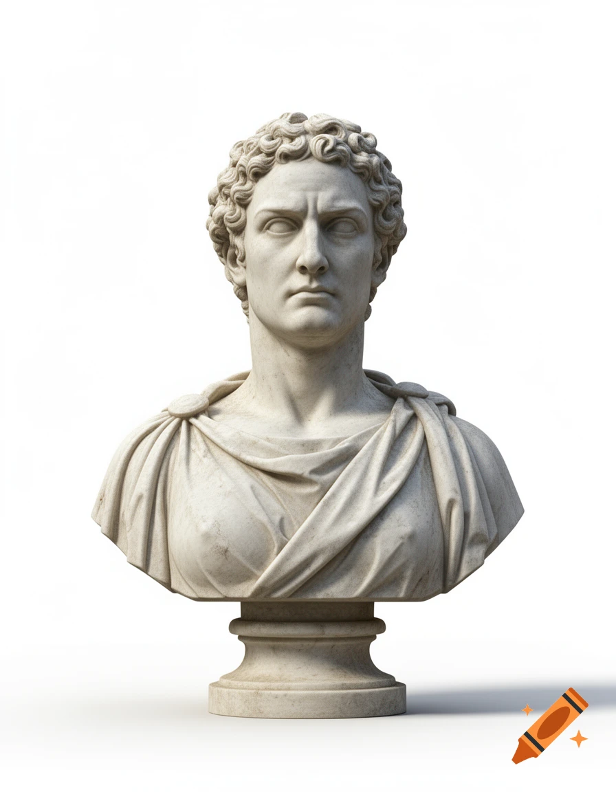 Classical marble bust of a man with curly hair and draped toga on a pedestal against a white background.