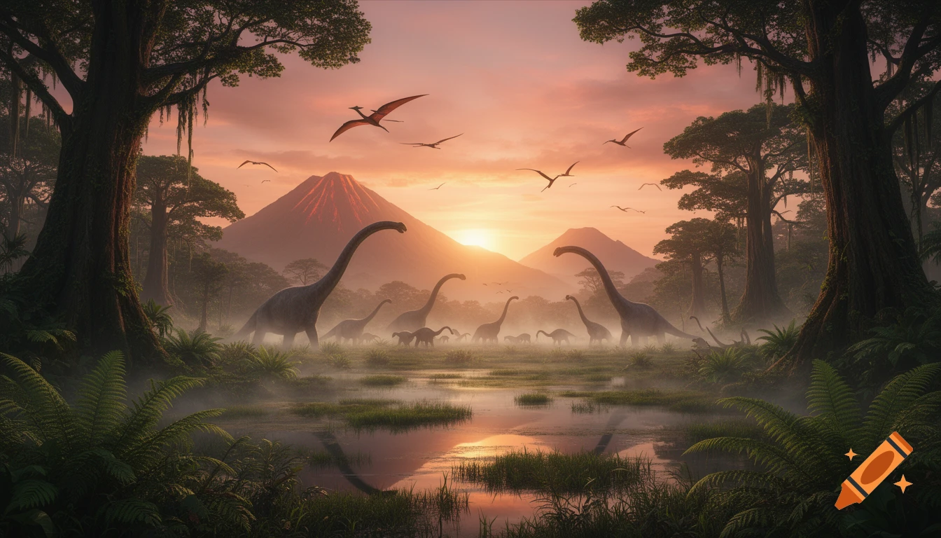 Prehistoric landscape: sauropod dinosaurs in a misty swamp, ancient trees, flying pterosaurs, and erupting volcanoes at sunrise.