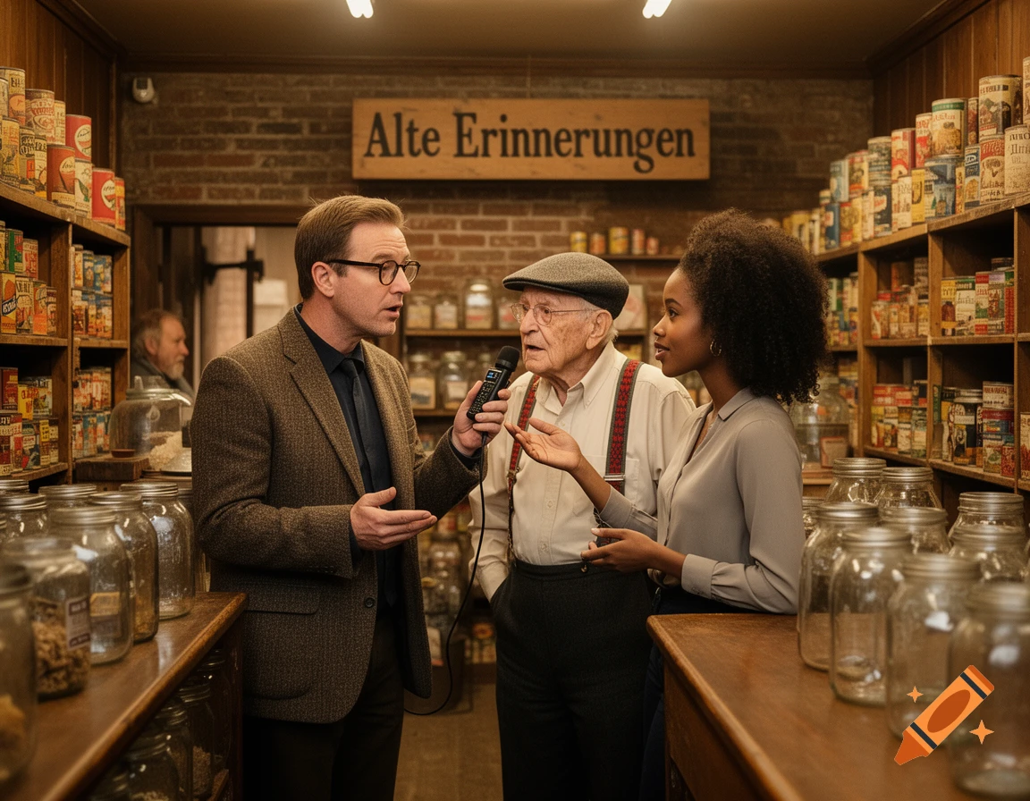 A man holds a microphone, interviewing an older man and a woman in an old store with shelves of canned goods and jars. A sign above reads "Alte Erinnerungen".