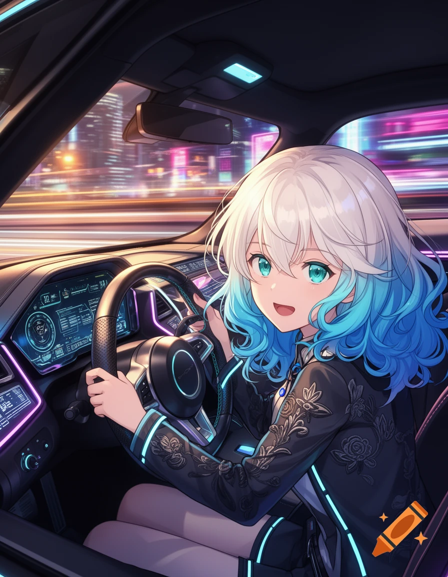 Anime girl with white and blue hair driving a futuristic car through a neon city at night.