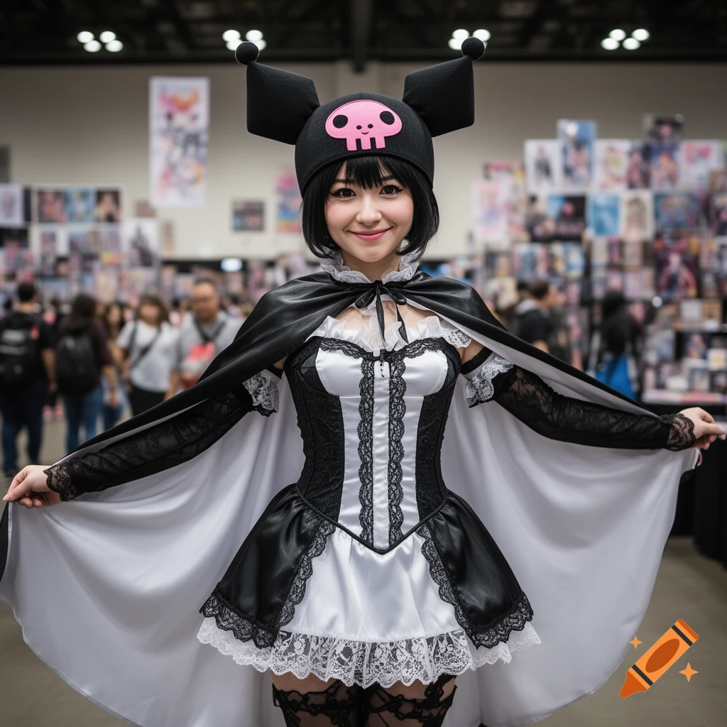 A young woman in a black and white Kuromi costume, featuring a cape and a skull-emblazoned hat, smiles at a convention.