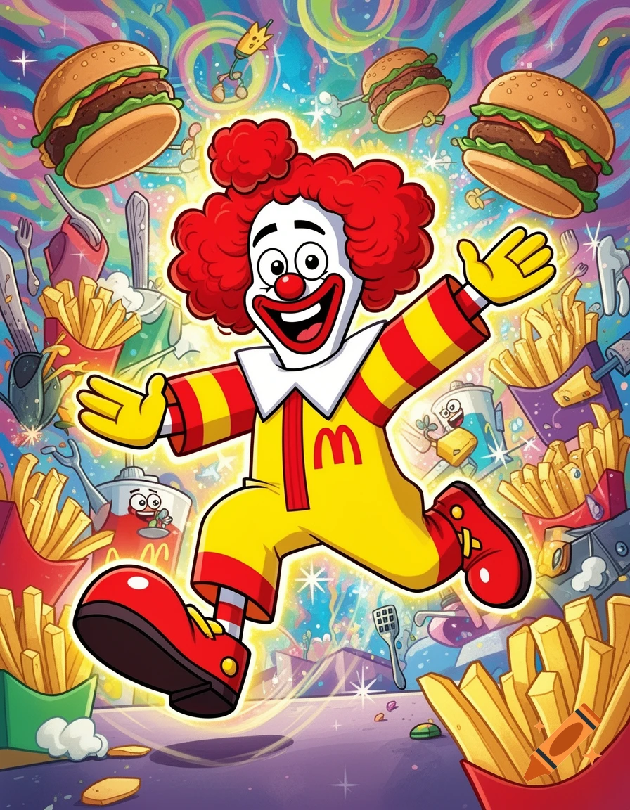Ronald McDonald in a vibrant, cartoon style, surrounded by flying burgers and falling french fries.