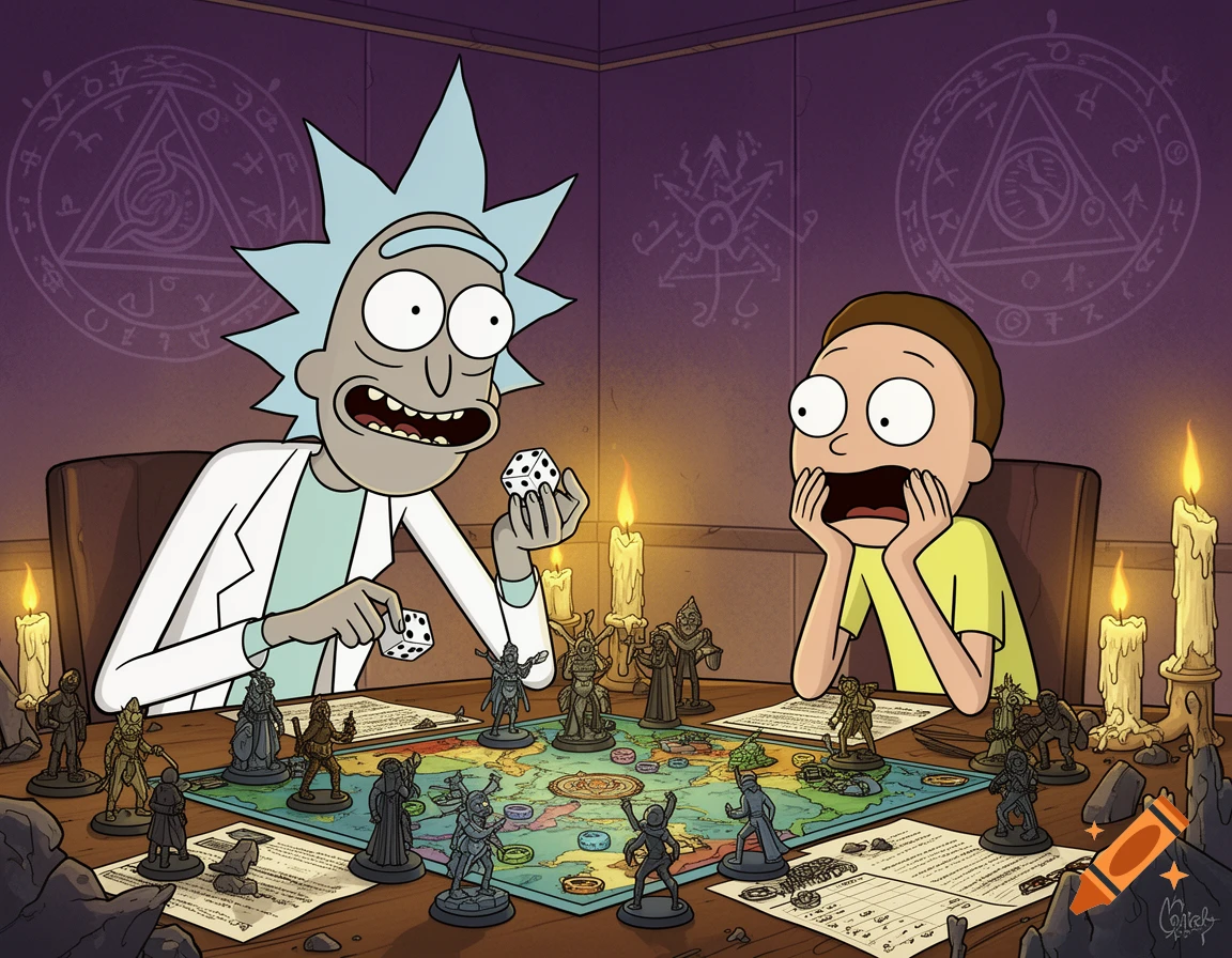 Rick and Morty playing a fantasy board game, with Rick holding dice and Morty looking surprised. Miniature figures and candles are on the table, and mystic symbols adorn the purple wall.