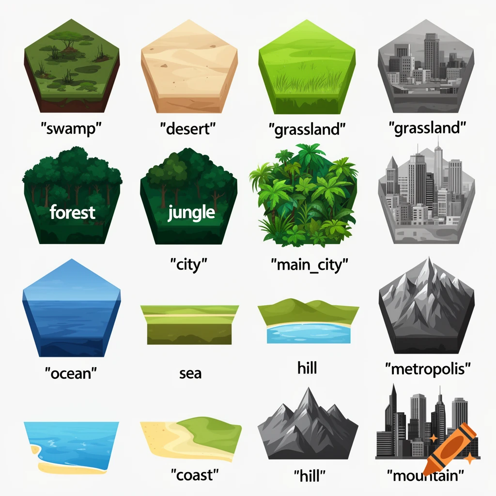 A grid of stylized isometric polygon tiles representing different biomes and geographical features, each labeled with text such as 'swamp', 'desert', 'grassland', 'forest', 'jungle', 'city', 'main_city', 'metropolis', 'ocean', 'sea', 'hill', 'coast', and 'mountain' on a white background.
