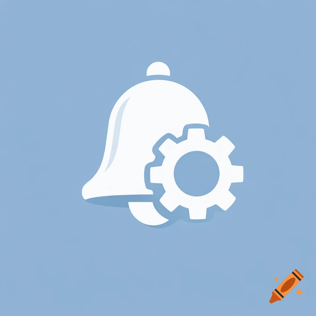 White bell icon with a gear overlay on a light blue background, symbolizing notification settings or preferences.