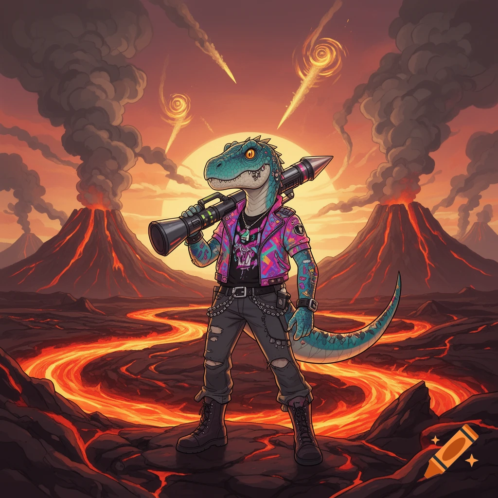 A cool cartoon dinosaur in a punk jacket and ripped jeans holds a rocket launcher, standing in a volcanic landscape with lava rivers and erupting volcanoes under a fiery sky with meteors.