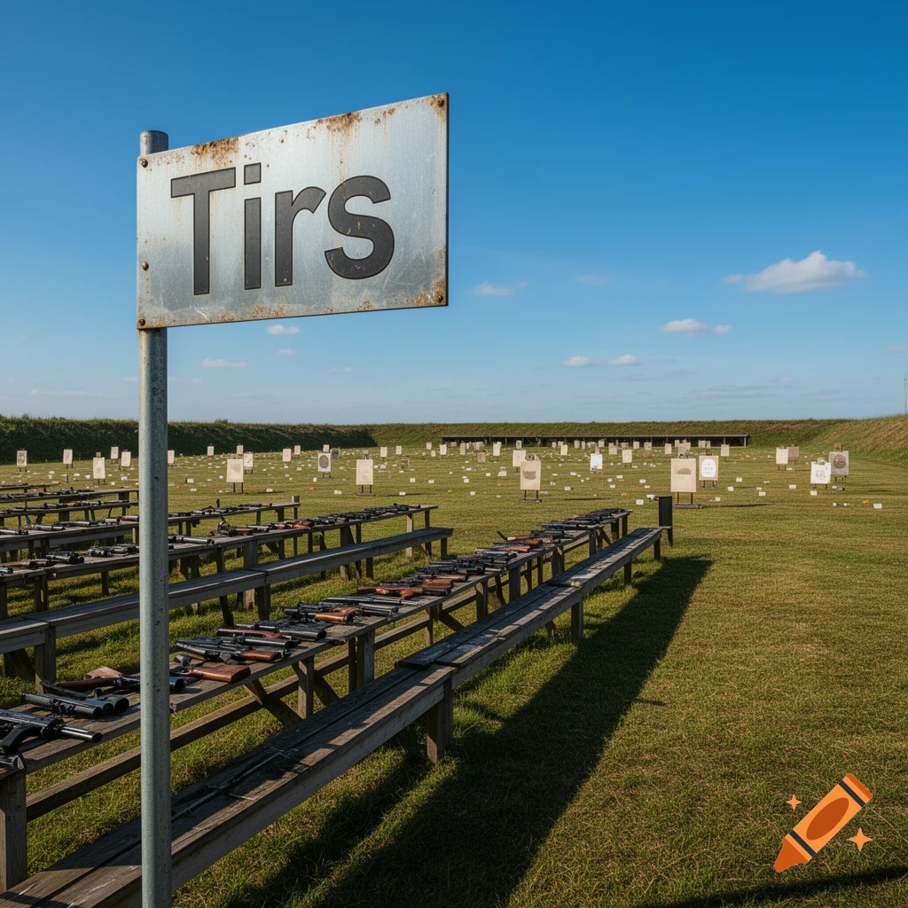 An outdoor shooting range under a clear blue sky, featuring rows of rifles on wooden benches and numerous targets in the grassy field. A sign in the foreground reads "Tirs".