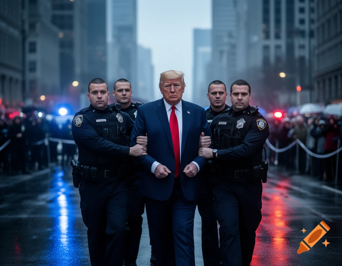 Donald Trump, in a suit and red tie, is escorted by two police officers on a wet city street, with blurred city buildings and flashing lights in the background. Photorealistic style.