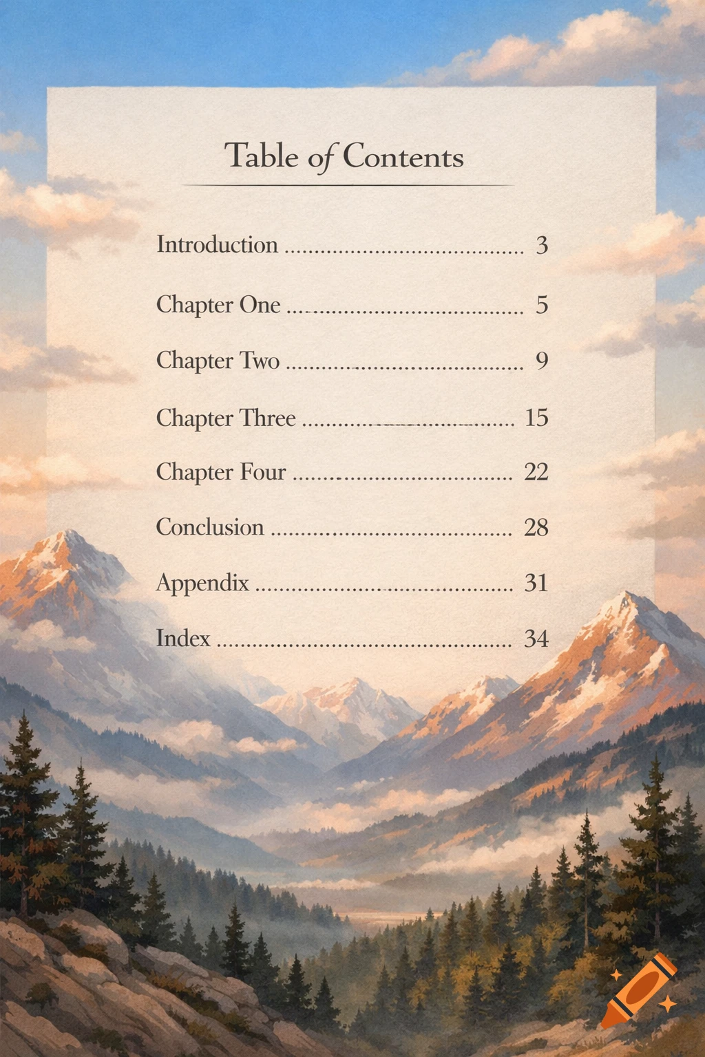 Table of contents page against a backdrop of majestic, mist-filled mountain valleys and a cloudy sky.