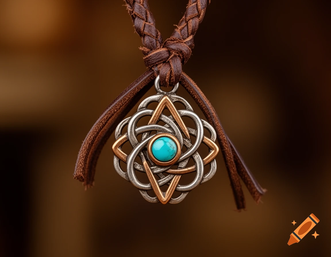 Close-up of a braided brown leather necklace with a silver and gold knot-work charm and a central turquoise stone.