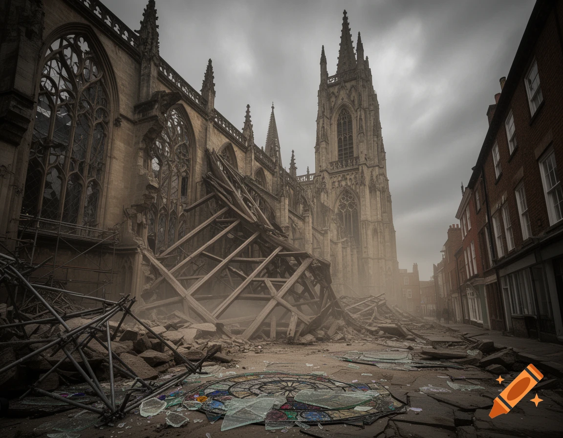A dramatic view of a gothic cathedral partially destroyed, with debris and broken stained glass on a street under a cloudy sky.