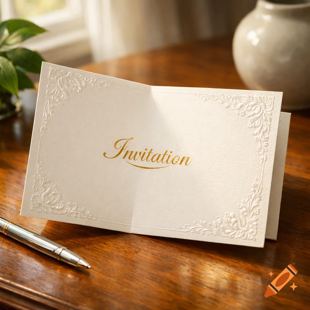 An open cream-colored invitation card with 'Invitation' in gold script and embossed corners, on a wooden table with a pen.