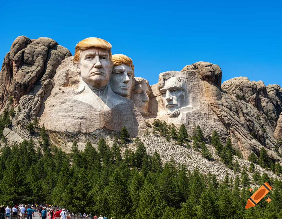Donald Trump's face carved into Mount Rushmore alongside three other presidents, viewed through a forest under a clear blue sky.