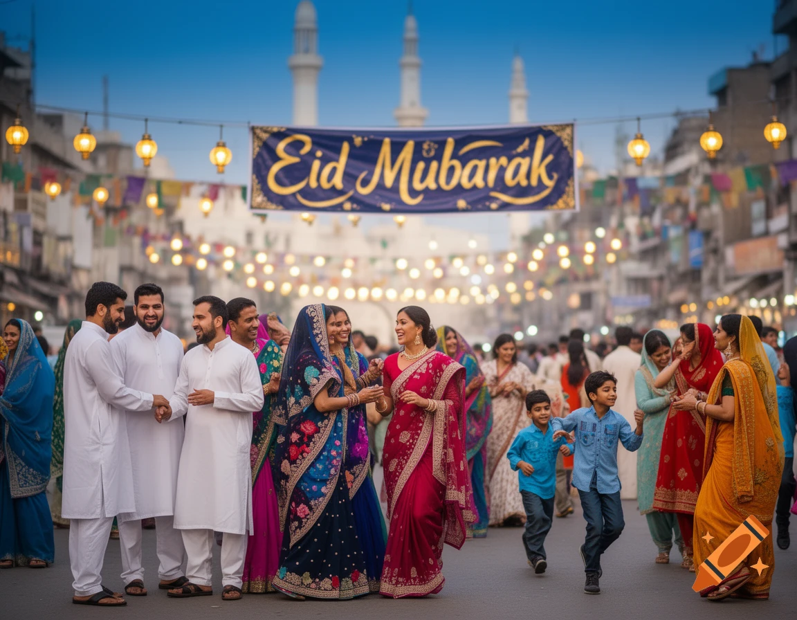 Vibrant street scene with people in traditional attire celebrating Eid Mubarak under a banner, mosque minarets in background.