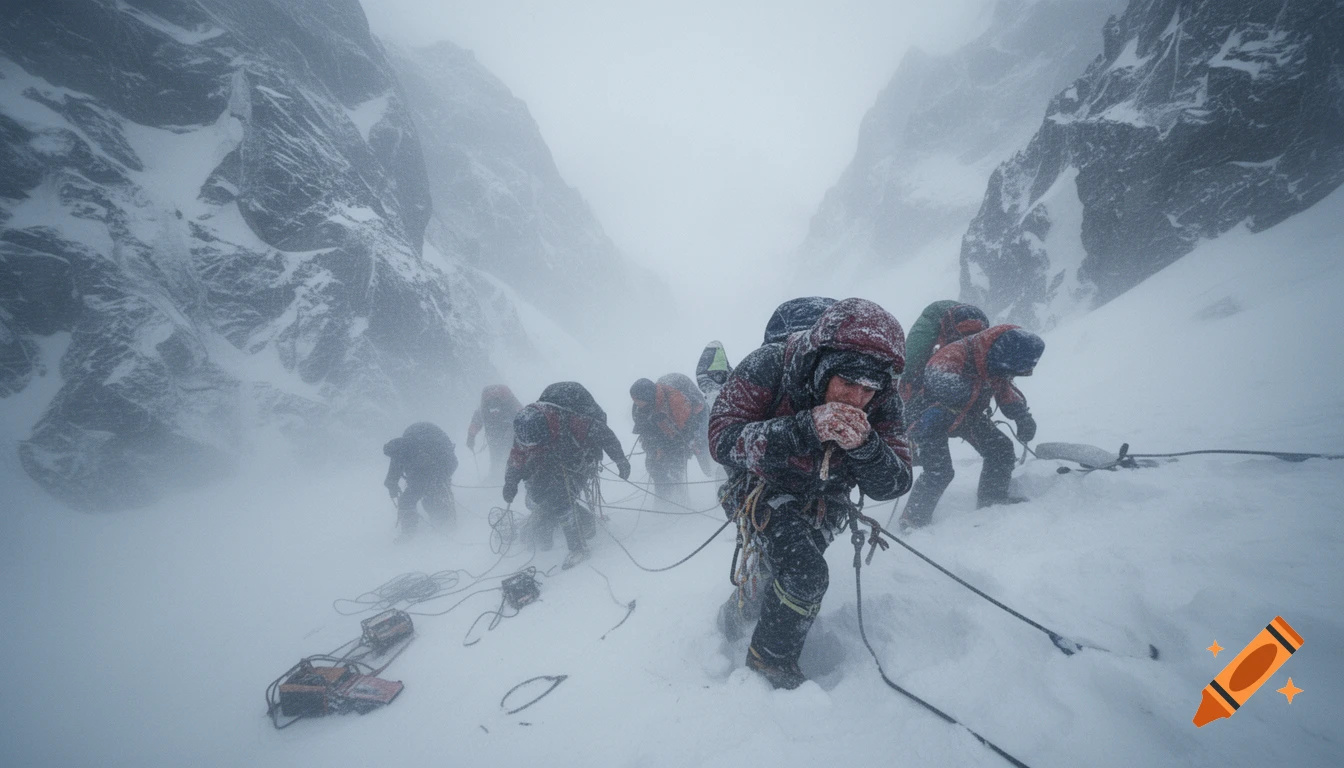 Photorealistic image of climbers struggling against a severe blizzard on a snow-covered mountain, with ropes and icy cliffs visible.