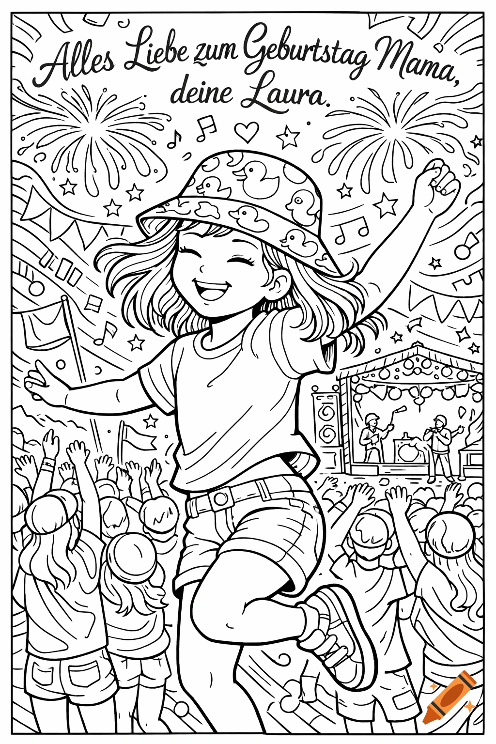 Black and white coloring page of a girl in a duck hat dancing at a festival, with fireworks and 'Alles Liebe zum Geburtstag Mama, deine Laura' text.