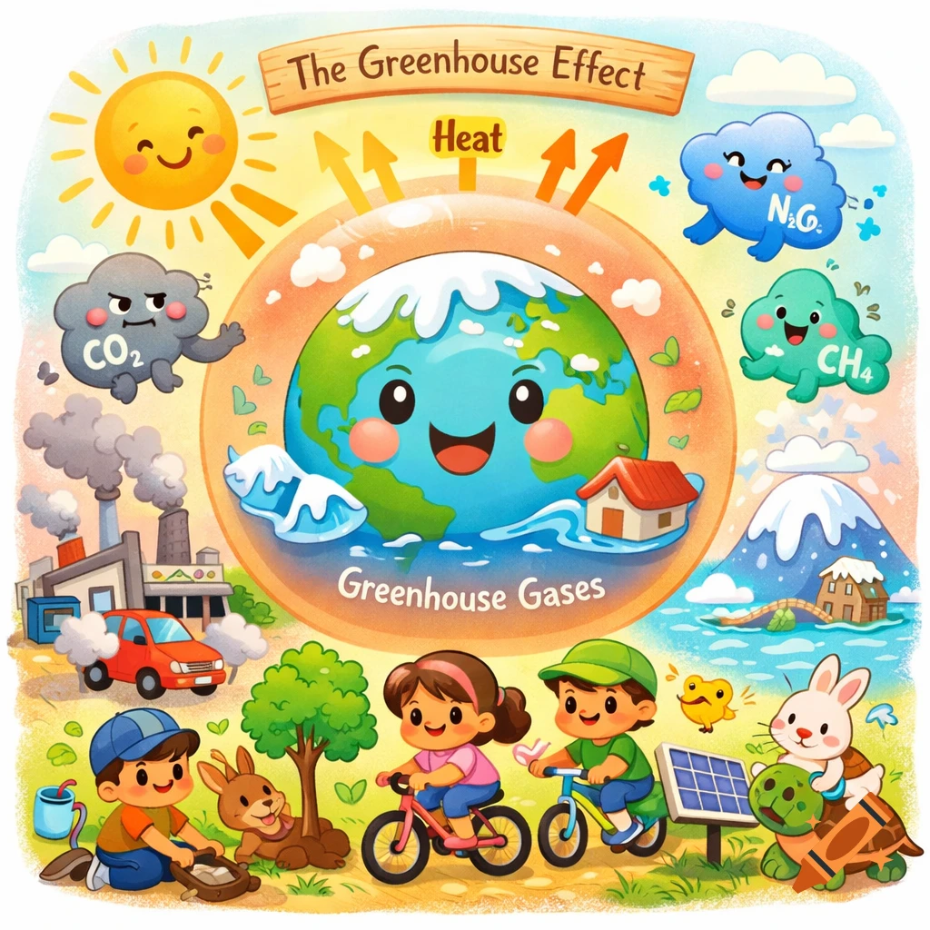 A colorful cartoon illustration explaining the greenhouse effect with a smiling Earth, sun, and various greenhouse gases like CO2 and CH4. Children engage in eco-friendly activities like planting trees and riding bikes below.